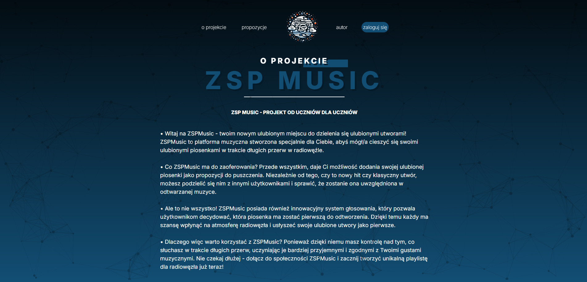 Zdjęcie przedstawiające stronę główną aplikacji ZSPMusic
